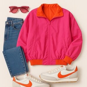 Vintage Reversible Nylon Windbreaker Jacket Pink & Orange XL 80s 90s retro